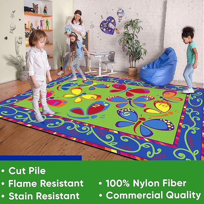 KIDCARPET.COM Learning On The Fly Rectangle Classroom Rug | Bordered Area Rug for Preschool Daycare Learning, 6' x 8'6"