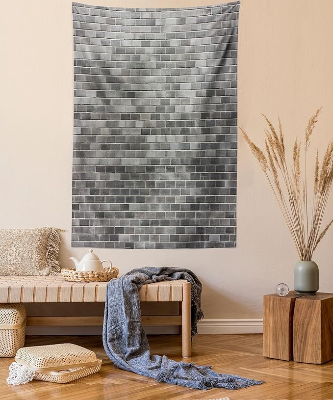 Ambesonne Grey and White Tapestry, Modern Brick Wall Tiles Urban Construction Architecture Building Town Art Picture, Fabric Wall Hanging Decor for Bedroom Living Room Dorm, 30" X 45", Grey