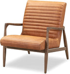 Poly & BARK Rowan Lounge Chairs Set of 2 – Mid Century Modern Leather Armchairs with Ribbed Seat and Solid Ash Wood Frame, Cognac Tan