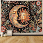 Accnicc Vintage Sun and Moon Tapestry Boho Hippie Floral Wall Tapestry for Bedroom Aesthetic Brown Celestial Spiritual Botanical Plant Large Tapestries Wall Hanging for Living Room Dorm 80 x 60 Inch