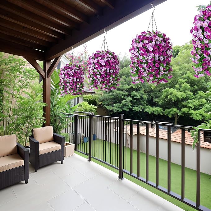 Artificial Fake Hanging Flowers Plants for Outdoor Decoration, 2PCS Faux Silk Morning Glory Long Vines Stems UV Resistant Look Real for Outside Home Porch Patio(Violet)