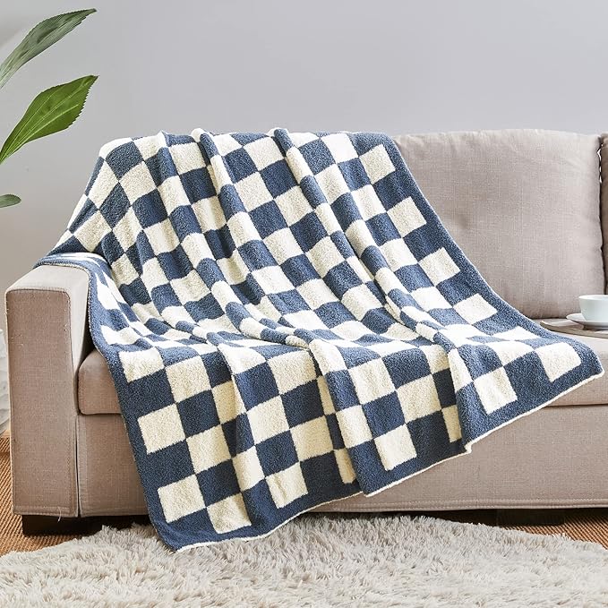 CozeCube Super Soft Fullfy Microfiber Reversible Knitted Blankets, Warm Cozy Fuzzy Plush Throw, Checkered Throw Blanket for Couch Bed Sofa, Dusty Blue and White, 60" x 80"