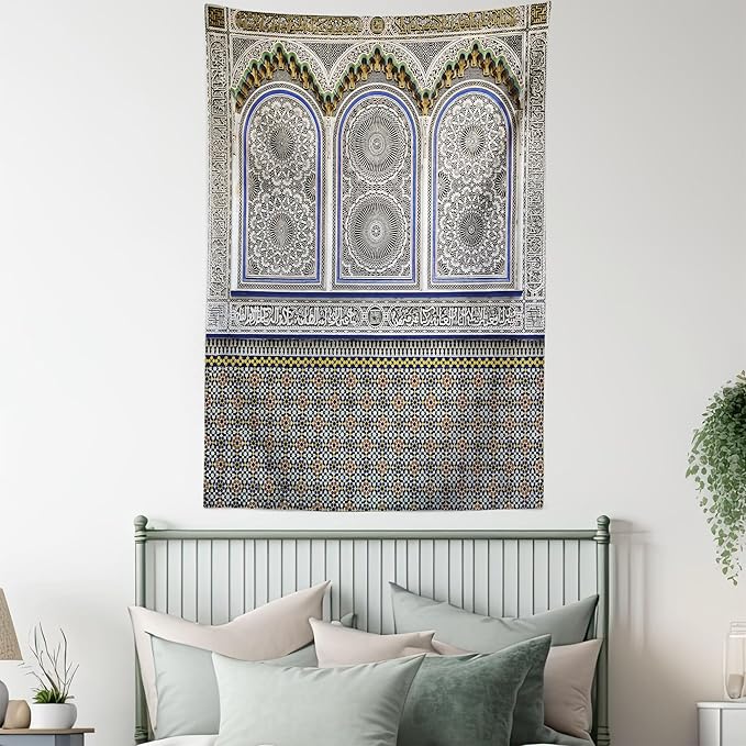 Ambesonne Orient Tapestry, Nostalgic Moroccan Architecture Stone Carving and Motifs Majestic Ottoman Empire, Fabric Wall Hanging Decor for Bedroom Living Room Dorm, 23" X 28", Grey Blue