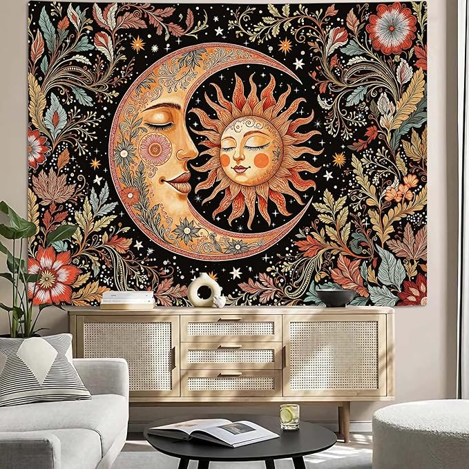 Accnicc Vintage Sun and Moon Tapestry Boho Hippie Floral Wall Tapestry for Bedroom Aesthetic Brown Celestial Spiritual Botanical Plant Large Tapestries Wall Hanging for Living Room Dorm 80 x 60 Inch