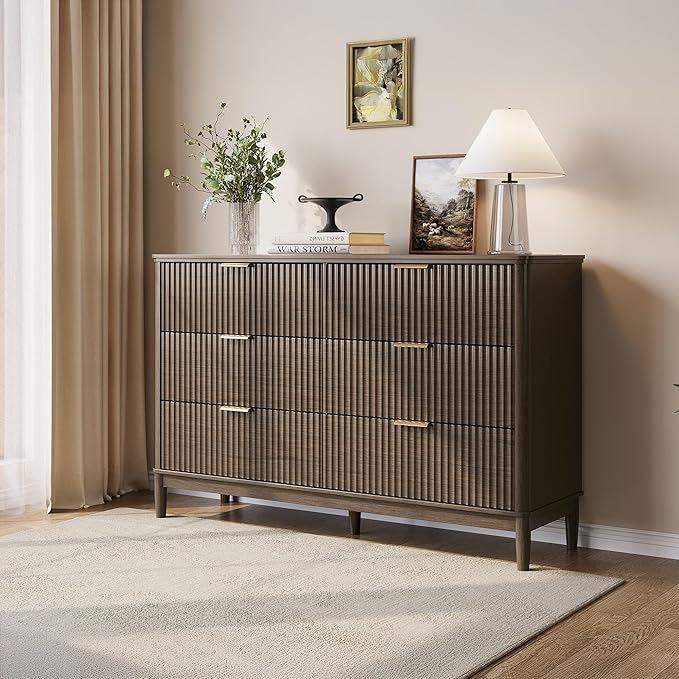 LINSY HOME Fluted 6 Drawer Double Dresser, 54" Wide Modern Chest of Drawers, Curved Profile Design, Mid Century Wood Dresser with Metal Handle for Bedroom, Living Room, Hallway, Entryway, Walnut