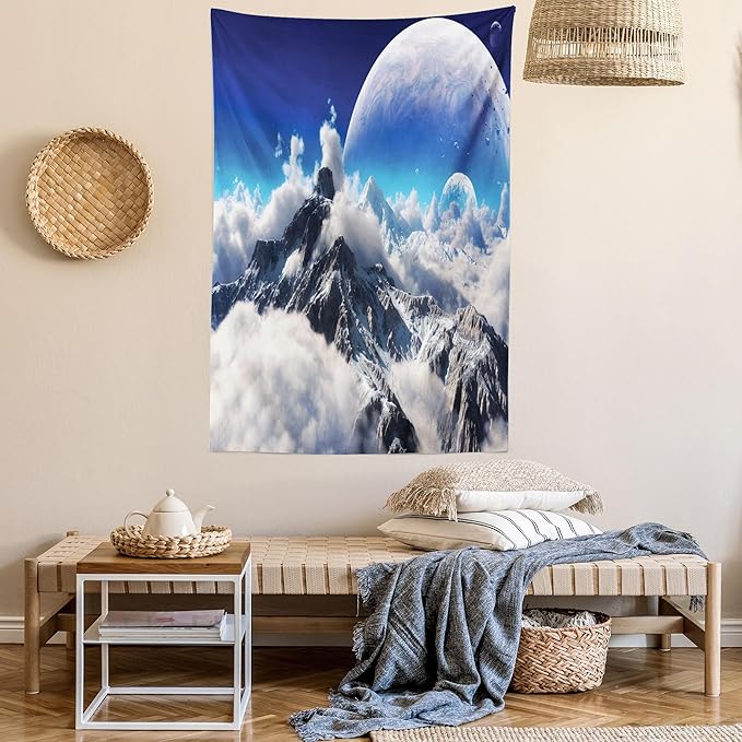 Ambesonne Fantasy Tapestry, Celestial View of Snow Capped Mountains and Alien Planet Print, Fabric Wall Hanging Decor for Bedroom Living Room Dorm, 30" X 45", White and Navy Blue