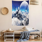 Ambesonne Fantasy Tapestry Queen Size, Celestial View of Snow Capped Mountains and Alien Planet Print, Wall Hanging Bedspread Bed Cover Wall Decor, 88" X 88", White and Navy Blue