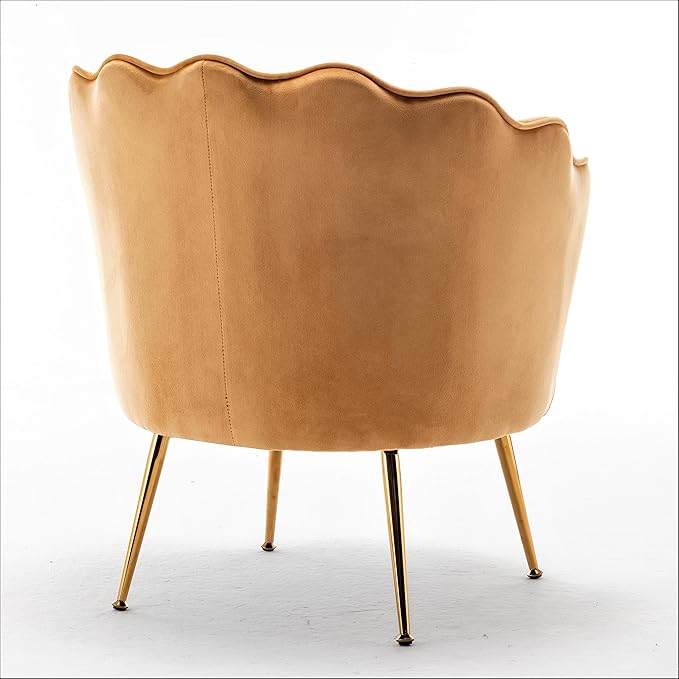 Velvet Barrel Accent Chair with Scalloped Silhouette and Gold Metal Legs, Decorative Piece Suitable for Traditional, Modern, and Contemporary Spaces, Mustard Yellow