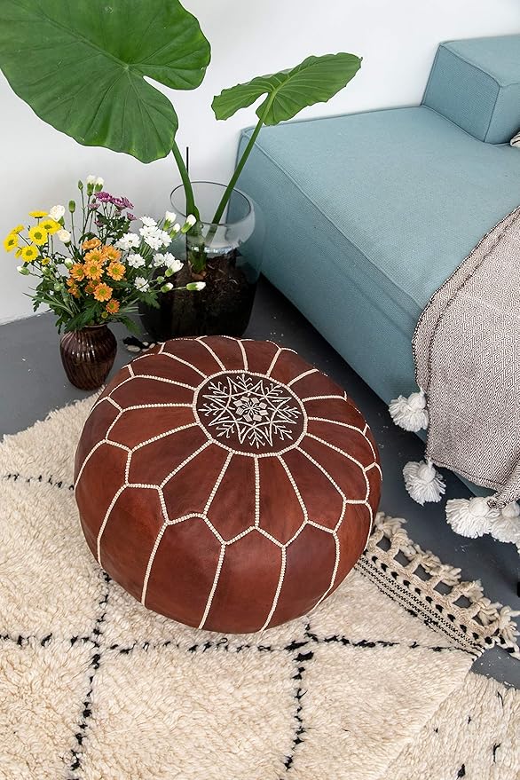 Premium Moroccan Leather Pouf - Handmade - Delivered Stuffed - Ottoman, Footstool, Floor Cushion (Honey Cognac)