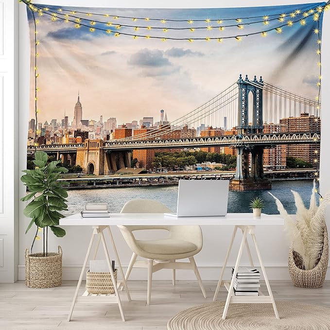 Ambesonne New York Tapestry King Size, Manhattan Bridge and the New York Skyline at Sunset East River Highrise Buildings, Wall Hanging Bedspread Bed Cover Wall Decor, 104" X 88", Camel Blue