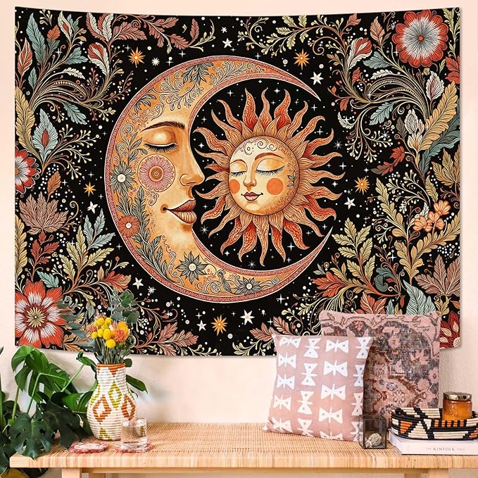 Accnicc Vintage Sun and Moon Tapestry Boho Hippie Floral Wall Tapestry for Bedroom Aesthetic Brown Celestial Spiritual Botanical Plant Small Tapestries Wall Hanging for Living Room Dorm 60 x 44 Inch
