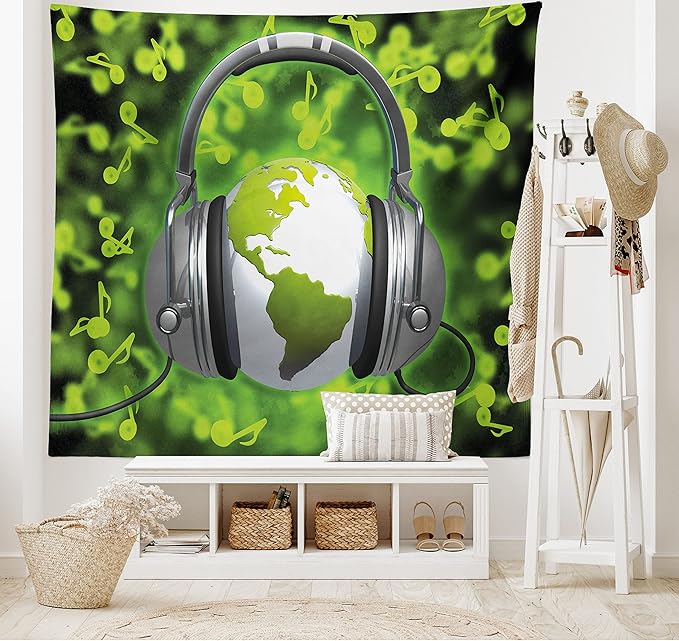 Ambesonne World Tapestry, World of Music Themed Composition DJ Headphones Musical Notes and Earth Globe, Wide Wall Hanging for Bedroom Living Room Dorm, 80" X 60", Lime Green Grey