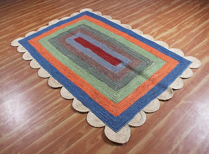 Scalloped Edge Rug, Hand Woven Natural Jute Area Rug, 12x18 Ft Beige & Multicolor Braided Sisal Kilim Rugs for Living Room, Kitchen, Entryway, Farmhouse