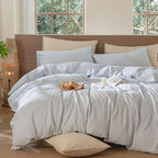 MooMee Striped Duvet Cover Set 100% Washed Cotton Linen Like Textured Breathable Durable Soft Comfy (Cornflower Blue White Pinstripes, Cal King 104"x98")