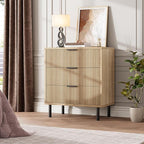GarveeHome Oak Fluted 3 Drawers Dresser, Wide Wood Chest of Drawers, Modern Storage Dresser Chest of Drawers Organizer with Metal Legs and Anti-Tipping Device for Bedroom Living Room