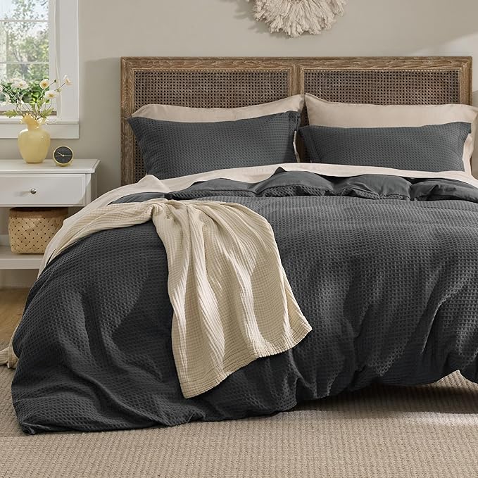 Bedsure Luxury Waffle Duvet Cover King Size - Textured Duvet Cover Set, Soft, Breathable Bedding Set (104"x90") with 2 Pillow Shams for All Season, Charcoal, Comforter Not Included