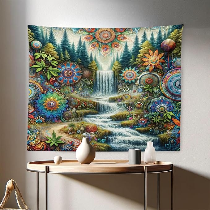 Ambesonne Trippy Tapestry, Scenic Waterfall with Wonderland Woods and Psychedelic Mandala Flowers, Fabric Wall Hanging Decor for Bedroom Living Room Dorm, 28" X 23", Olive Green Multicolor