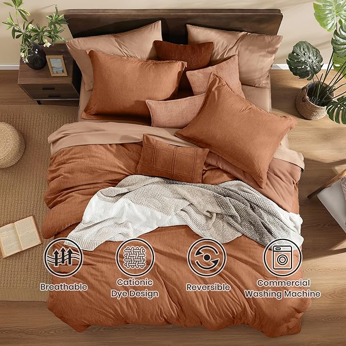Monbix Super King Plus Comforter Set, Autumn Leaf Cationic Dyeing Bedding Set Reversible, Bed in a Bag 7 Pieces with Comforter, Sheets, Pillowcases & Shams