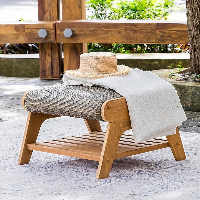 Cambridge Casual Auburn Teak Outdoor Ottoman, All Weather Padded Woven Seat