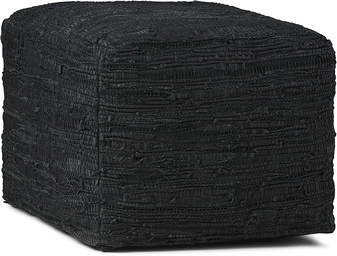 SIMPLIHOME Fredrik Square Pouf - 18 inch Wide Genuine Woven Leather Ottoman in Black, Boho-Style Footstool or Extra Seating for Living Room or Bedroom with Polystyrene Bead Filling, Assembled
