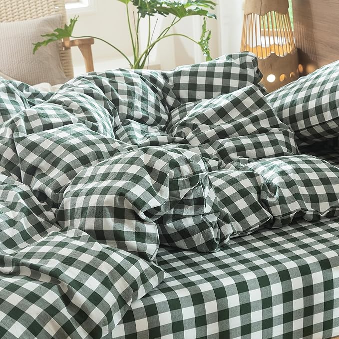 MooMee Gingham Duvet Cover Set 100% Washed Cotton Linen Like Textured Breathable Durable Soft Comfy Modern Checkered Design (Buffalo Plaid Forest Green, Queen 90"x90")
