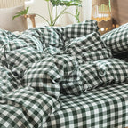 MooMee Gingham Duvet Cover Set 100% Washed Cotton Linen Like Textured Breathable Durable Soft Comfy Modern Checkered Design (Buffalo Plaid Forest Green, Full 80"x90")
