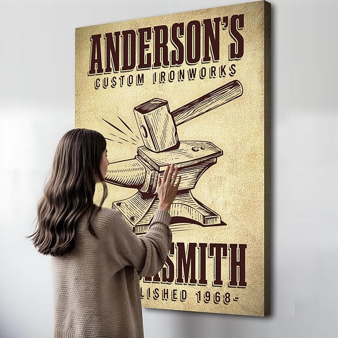 TAILORED CANVASES Custom Ironworks Wall Decor – Personalized Shop Sign for Men, Rustic Home Accent, Metal Craft Artwork, Blacksmith Knowledge Poster, Vintage Workshop Piece, Handmade Design