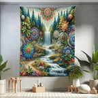 Ambesonne Trippy Tapestry Twin Size, Scenic Waterfall with Wonderland Woods and Psychedelic Mandala Flowers, Wall Hanging Bedspread Bed Cover Wall Decor, 68" X 88", Olive Green Multicolor