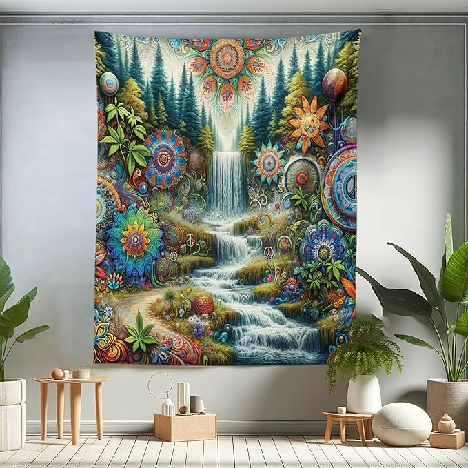 Ambesonne Trippy Tapestry Twin Size, Scenic Waterfall with Wonderland Woods and Psychedelic Mandala Flowers, Wall Hanging Bedspread Bed Cover Wall Decor, 68" X 88", Olive Green Multicolor