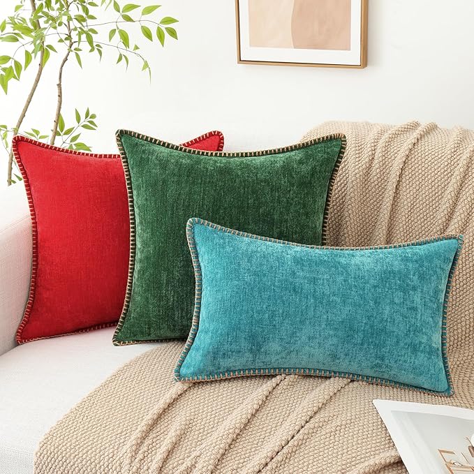 decorUhome Spring Chenille Soft Cozy Throw Pillow Covers 26x26 Set of 2, Modern Farmhouse Boho Velvet Decorative Euro Sham Pillow Cases with Stitched Edge for Couch Sofa Bed Home Decor, Turquoise