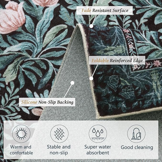 Washable Area Rugs 5x7 Black Green Vintage Floral Botanical Pattern,Perfect for Living Room, Bedroom, Kids Room, Nursery - Stain & Water Resistant Non-Slip, Pet & Child Friendly/Bedroom Decor