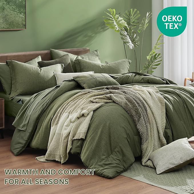 Monbix Super King Plus Comforter Set, Olive Green Cationic Dyeing Bedding Set Reversible, Bed in a Bag 7 Pieces with Comforter, Sheets, Pillowcases & Shams