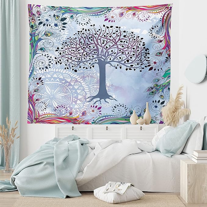 Ambesonne Nature Tapestry, Tree of Life Motif Peacock Feathers Tribal Vintage Prehistoric Flora Illustration, Fabric Wall Hanging Decor for Bedroom Living Room Dorm, 28" X 23", Blue