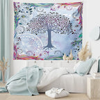 Ambesonne Nature Tapestry, Tree of Life Motif Peacock Feathers Tribal Vintage Prehistoric Flora Illustration, Fabric Wall Hanging Decor for Bedroom Living Room Dorm, 28" X 23", Blue