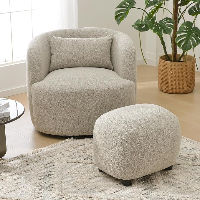 KINWELL Round Boucle Upholstered Ottoman Chair, Footstool with Soft Padded Seat, Fully Assembled Modern Sofa Couch Footrest, Extra Seating for Bedroom Entryway, Taupe(18.5" D x 23" W x 16.5" H)