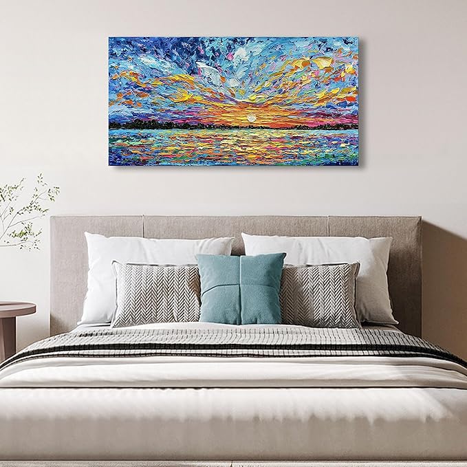 Limiyer Art Hand-painted Sea Sunrise landscape Modern Abstract Oil painting Large Canvas Art Hall Bedroom Office Wall Decoration 24x48 Inch