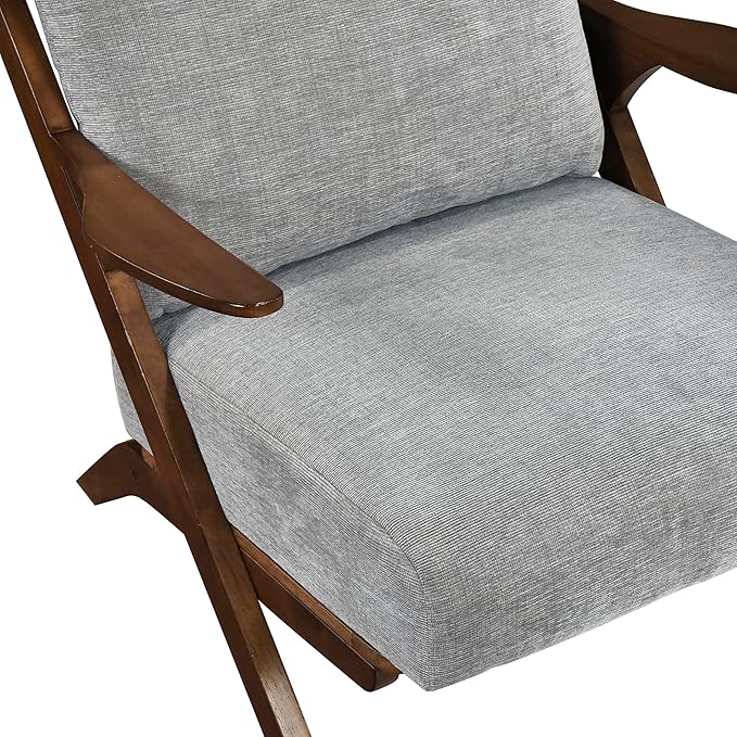 Lexicon Mid Century Modern Accent Chair, Pascal Brown Solid Rubberwood Frame, Reversible Back Cushion, Woven Chenille Upholstered Reading Chair, for Living Room/Bedroom/Office, Grey