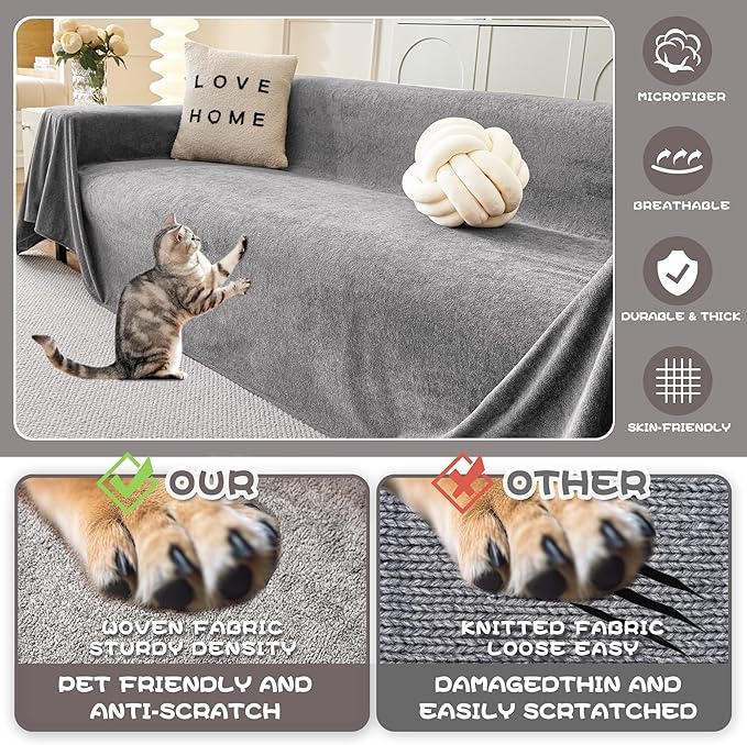 MYSKY HOME Couch Covers, Couch Cover 3 Cushion Sofa, Couch Covers for Pet, Dog Couch Protector, L Shape Sofa Cover Non Slip Sofa Slipcover Thick Washable Furniture Covers for Pets, 91"x 150", Grey