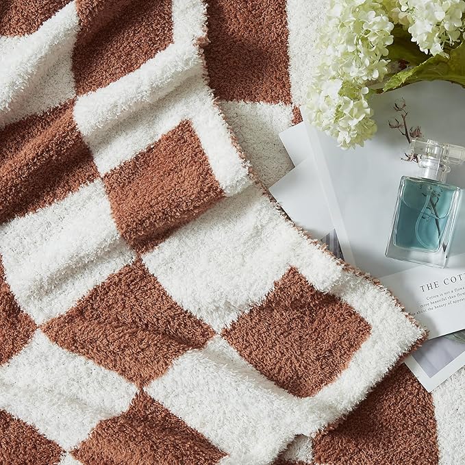 WRENSONGE Checkered Throw Blanket, Autumn Leaf Orange Soft Cozy Fluffy Warm Hand Made Throw Blankets for Couch, Sofa, Chair, Bed, Camping, Picnic, Travel Lightweight Bed Blanket - 50"*70"