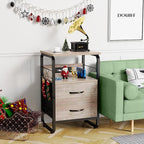Nightstand with Drawers, Storage Night Stand with Charging Station Type C Port, Small Side Table with Hooks, Wood Metal End Table for Living Room, Bedroom, Dorm, Greige