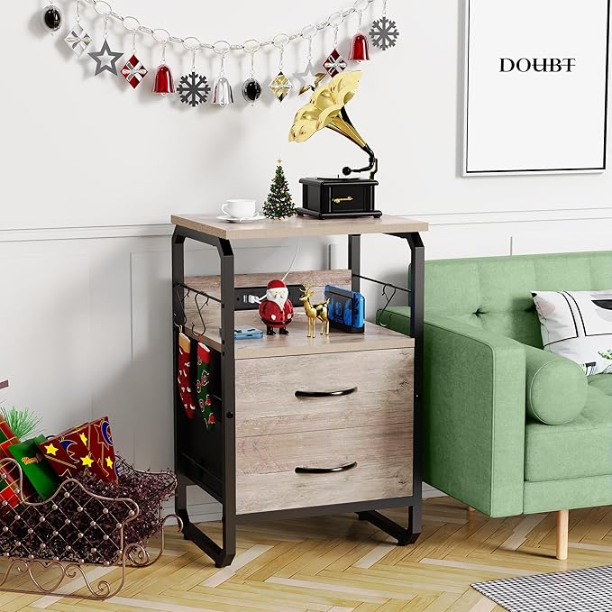 Nightstand with Drawers, Storage Night Stand with Charging Station Type C Port, Small Side Table with Hooks, Wood Metal End Table for Living Room, Bedroom, Dorm, Greige