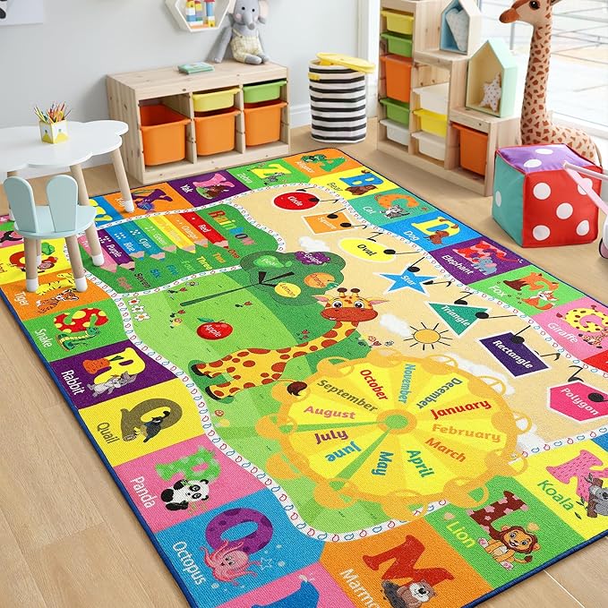 Chicrug Educational Kid Area Rug for Playroom, 9x12 Feet TPR Non Slip Kids Classroom Carpet Rug for Learning ABC Animal Shape Color Fruit, Washable Play Mat Rug for Children Nursery Toddler Room Decor