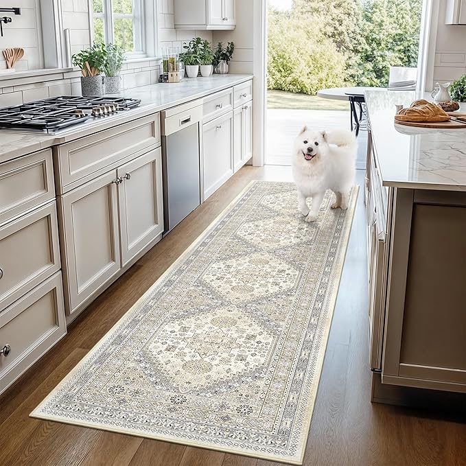 2x5 Rug Runner Washable for Entryway, Soft Bathroom Rugs with Non-Slip Backing,Vintage Low Pile Stair Runner, Small Kitchen Carpet for Hallways, Laundry Room(Beige,2'x5')