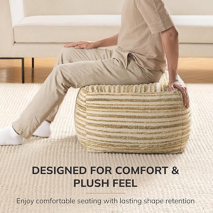 Anji Mountain Artisan Crafted Cotton Blend Pouf Ottoman | Versatile Floor Seating & Footstool for Living Room | Modern Boho Home Décor Accent | Filled Pouffe