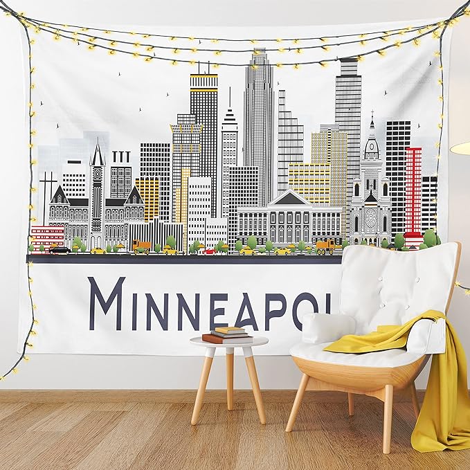 Ambesonne Minnesota Tapestry Twin Size, Elevation of a Street in Minneapolis Image with High Detailed Facades, Wall Hanging Bedspread Bed Cover Wall Decor, 68" X 88", White Grey
