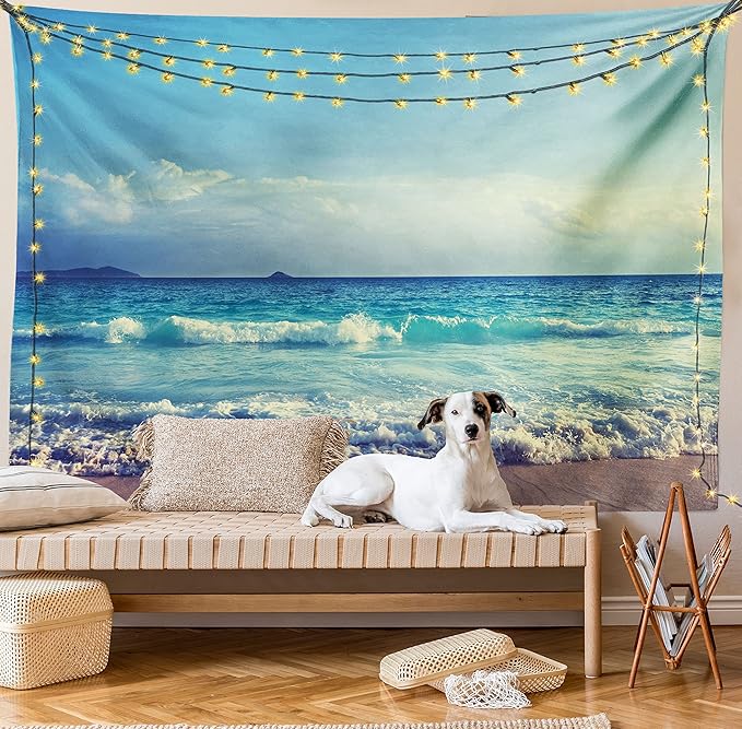 Ambesonne Tropical Island Tapestry Queen Size, Ocean Waves on Seychelles Beach at the Sunset Time Skyline, Wall Hanging Bedspread Bed Cover Wall Decor, 88" X 88", Turquoise Sky Blue Umber