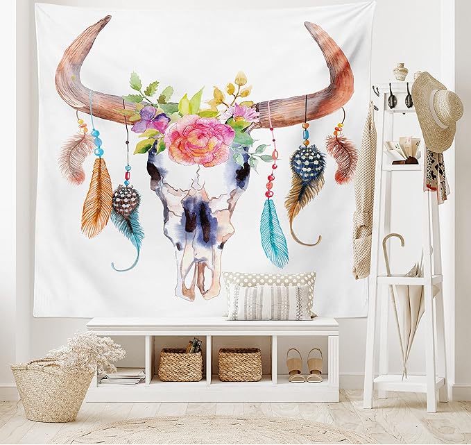 Ambesonne Feather Tapestry, Watercolor Style Bull Skull Ornaments Vibrant Image, Fabric Wall Hanging Decor for Bedroom Living Room Dorm, 28" X 23", White Brown