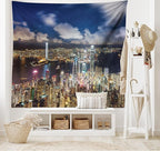 Ambesonne Cityscape Tapestry, Night View Hong Kong Victoria Harbor Business Financial District Cityscape Print, Fabric Wall Hanging Decor for Bedroom Living Room Dorm, 28" X 23", White Indigo