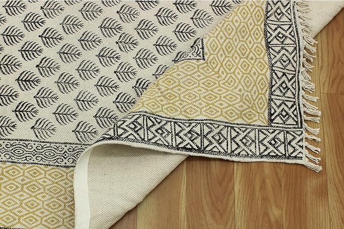 Kilim Rug 4x7 Area Rug Beige & Black Cotton Dhurrie Oriental Thick 0.19 inches Stone Easy Washable Rug Hand Wash Cotton Carpet Flatweave Rug Indoor Outdoor Rugs for Kitchen, Bedside, Enterway