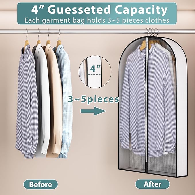 40” Garment Bags for Hanging Clothes 4” Gusseted - with Clear Window, Breathable Fabric, Metal Zipper, Suit Coat Dress Protector for Clothes Closet storage, Season Off, Moving, 3 Pack